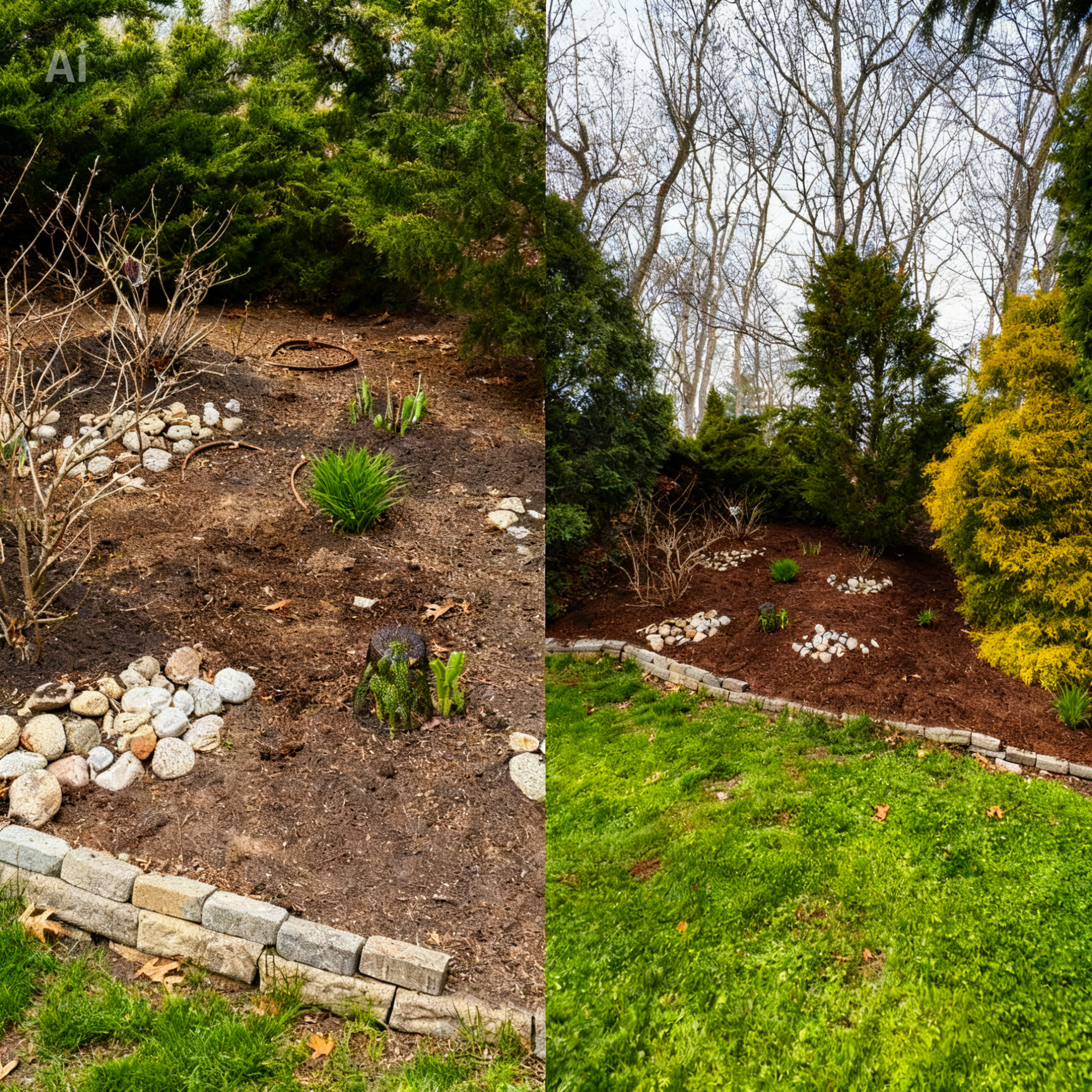 Before and after yard cleanup with fresh mulch and edging