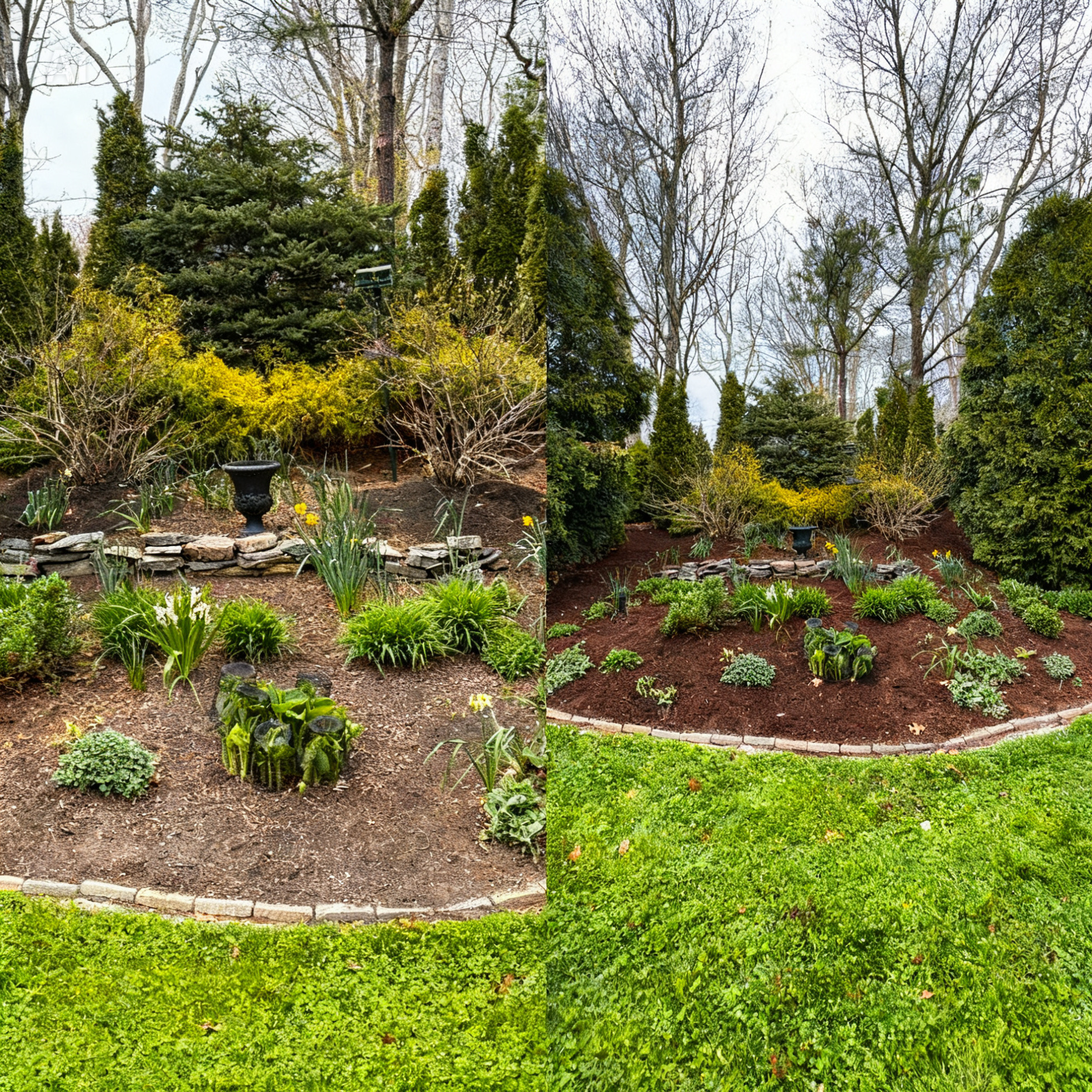 Before and after garden bed cleanup and mulching
